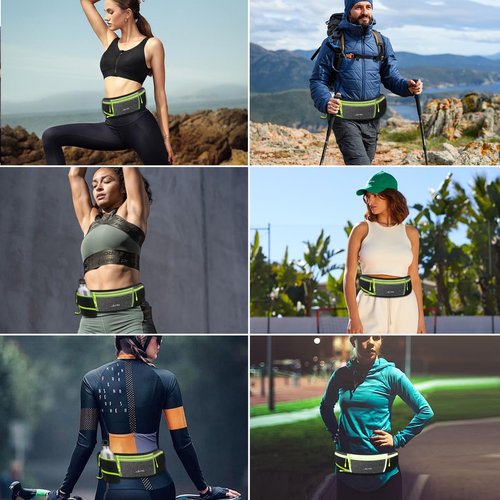 QEWORANE Running Belt for Women & Men Water Resistant Fitness Waist Pack with Phone Pocket & Water Bottle Holder Adjustable Reflective Jogging Belt for Running, Hiking, Gym (Gray Black)